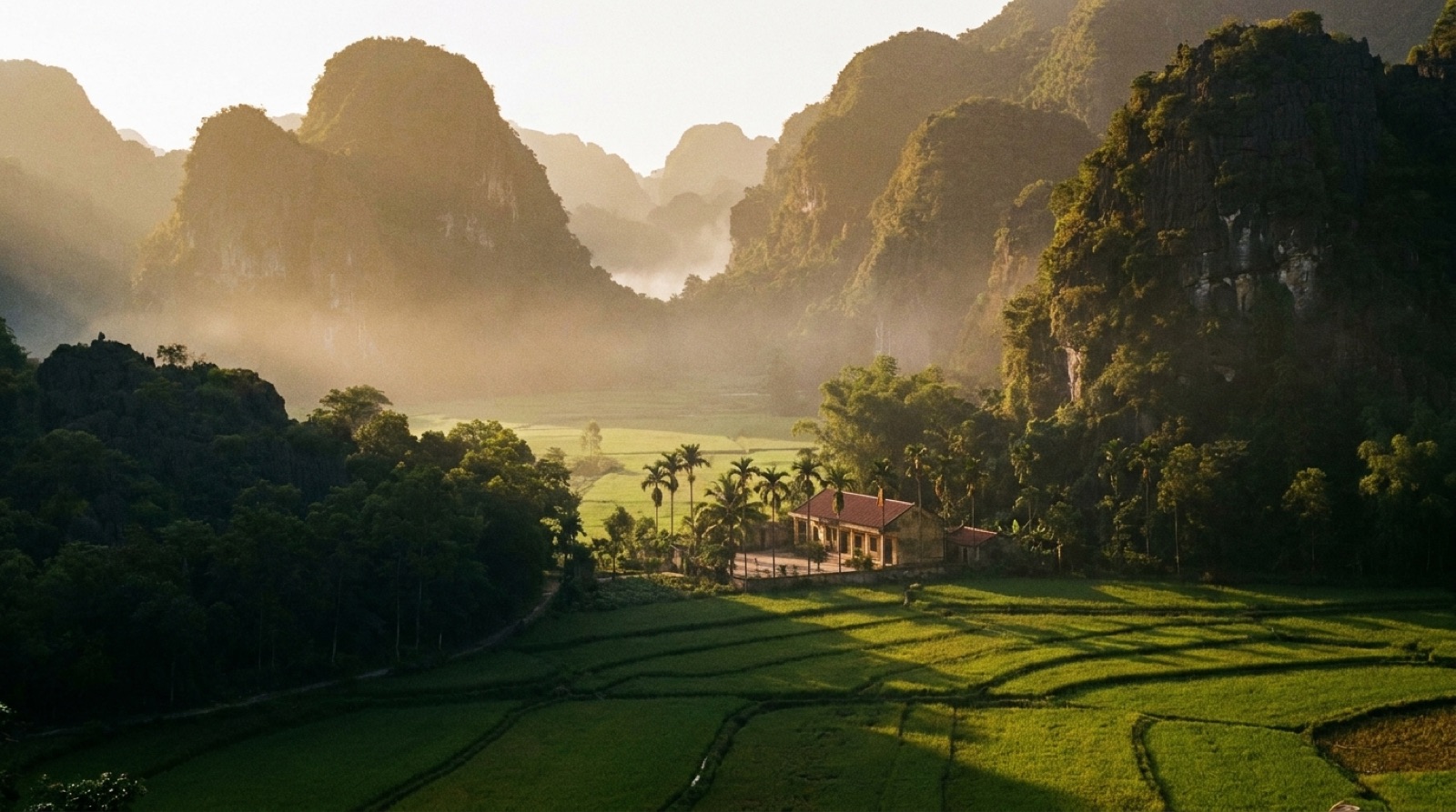 Rice terraces and limestone hills of rural Vietnam at golden hour